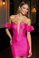 Load image into Gallery viewer, Fuchsia Ruffled Tight Bodycon Short Satin Prom Dress