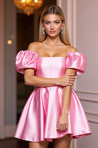 Pink Off the Shoulder A Line Short Satin Prom Dress with Ruffles