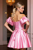 Load image into Gallery viewer, Pink Off the Shoulder A Line Short Satin Prom Dress with Ruffles