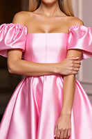 Load image into Gallery viewer, Pink Off the Shoulder A Line Short Satin Prom Dress with Ruffles
