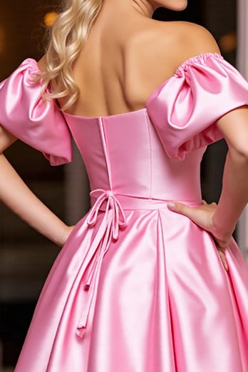 Pink Off the Shoulder A Line Short Satin Prom Dress with Ruffles