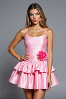Load image into Gallery viewer, Pink A Line Satin Tiered Short Prom Dress with 3D Flowers