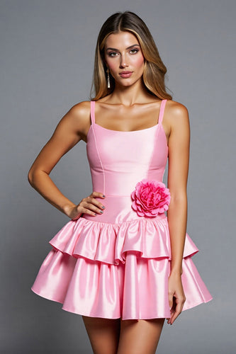 Pink A Line Satin Tiered Short Prom Dress with 3D Flowers