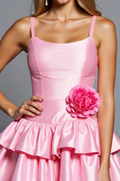 Load image into Gallery viewer, Pink A Line Satin Tiered Short Prom Dress with 3D Flowers