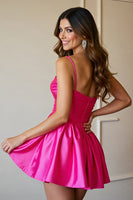 Load image into Gallery viewer, Fuchsia A Line Short Satin Prom Dress with 3D Flowers