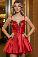 Load image into Gallery viewer, Red A Line Corset Spaghetti Straps Short Satin Prom Dress