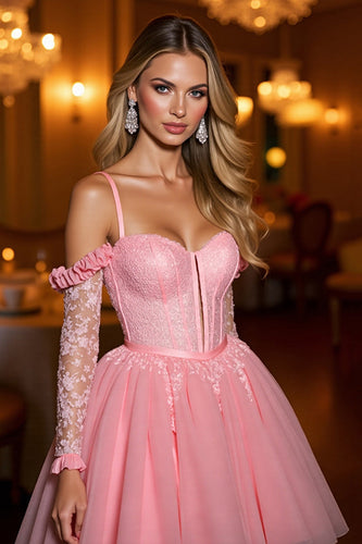 Pink A Line Tulle Short Corset Prom Dress with Appliques