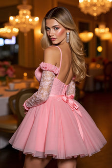 Pink A Line Tulle Short Corset Prom Dress with Appliques
