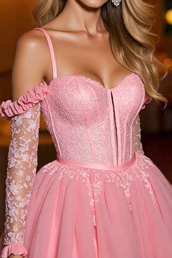 Pink A Line Tulle Short Corset Prom Dress with Appliques