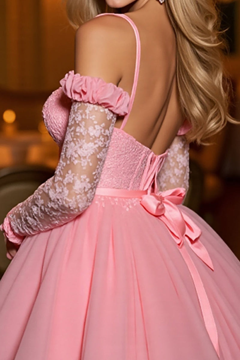 Load image into Gallery viewer, Pink A Line Tulle Short Corset Prom Dress with Appliques