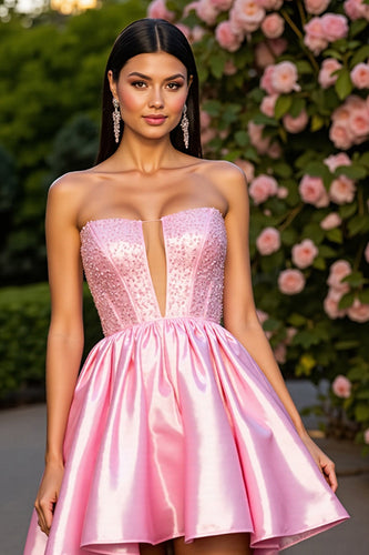 Pink Satin A Line Short Corset Prom Dress with Beading