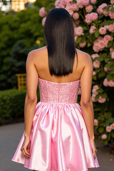 Pink Satin A Line Short Corset Prom Dress with Beading