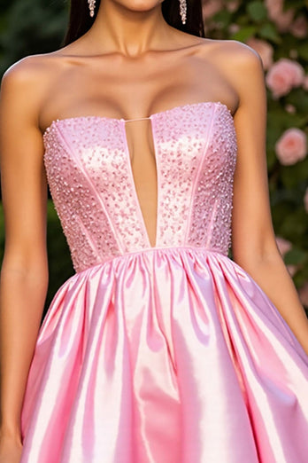 Pink Satin A Line Short Corset Prom Dress with Beading