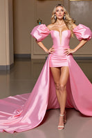 Load image into Gallery viewer, Pink Tight Bodycon Side Cape Satin Short Prom Dress