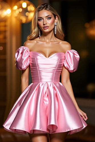 Women Pink Satin Short Corset Prom Dress A Line Puff Sleeves Off the Shoulder Birthday Dress