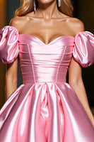 Load image into Gallery viewer, Pink Satin A Line Puff Sleeves Short Corset Prom Dress