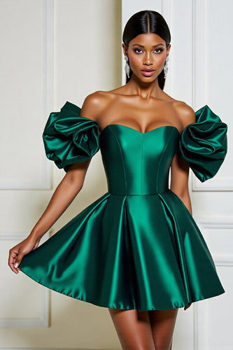 Dark Green Satin A Line Short Prom Dress with Ruffles