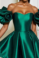 Load image into Gallery viewer, Dark Green Satin A Line Short Prom Dress with Ruffles