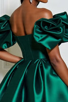 Load image into Gallery viewer, Dark Green Satin A Line Short Prom Dress with Ruffles