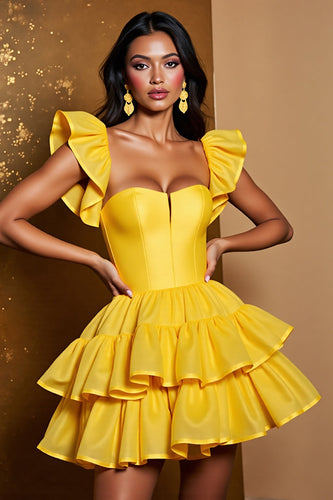Yellow Tulle A Line Tiered Short Prom Dress