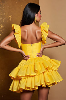 Yellow Tulle A Line Tiered Short Prom Dress