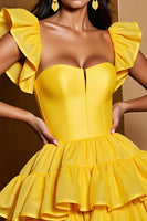 Load image into Gallery viewer, Yellow Tulle A Line Tiered Short Prom Dress