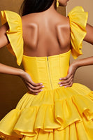 Load image into Gallery viewer, Yellow Tulle A Line Tiered Short Prom Dress