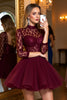 Load image into Gallery viewer, Burgundy Tulle Corset Illusion Neck A Line Short Prom Dress