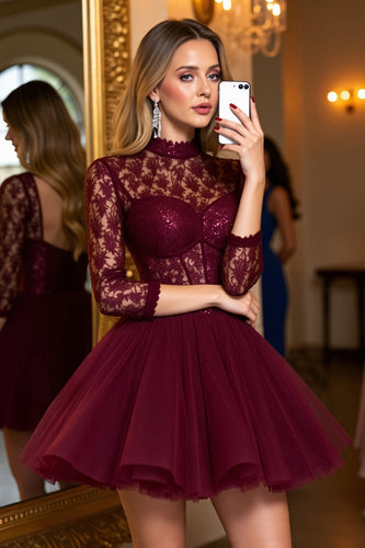 Burgundy Tulle Corset Illusion Neck A Line Short Prom Dress