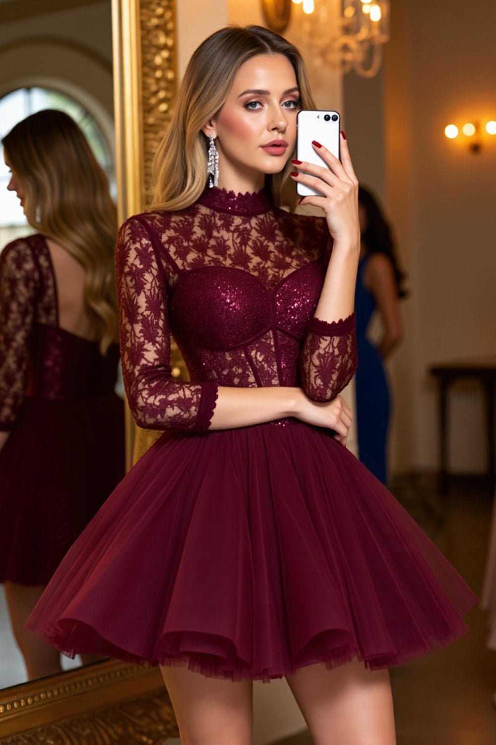 Burgundy Tulle Corset Illusion Neck A Line Short Prom Dress