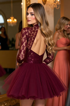 Burgundy Tulle Corset Illusion Neck A Line Short Prom Dress