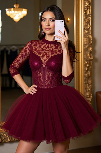 Burgundy Tulle Corset A Line Short Prom Dress with Lace