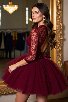 Burgundy Tulle Corset A Line Short Prom Dress with Lace