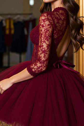 Burgundy Tulle Corset A Line Short Prom Dress with Lace