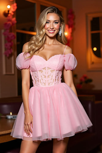 Pink Tulle Cold Shoulder A Line Short Corset Prom Dress