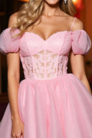 Load image into Gallery viewer, Pink Tulle Cold Shoulder A Line Short Corset Prom Dress
