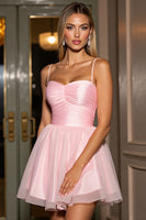 Load image into Gallery viewer, Pink A Line Tulle Spaghetti Straps Ruched Short Prom Dress