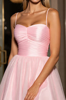 Load image into Gallery viewer, Pink A Line Tulle Spaghetti Straps Ruched Short Prom Dress