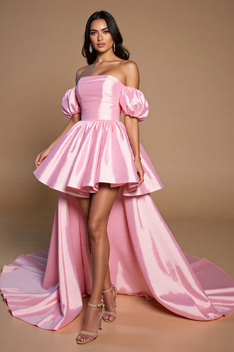 Pink A Line Off the Shoulder Short Satin Prom Dress with Bow