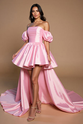 Pink A Line Off the Shoulder Short Satin Prom Dress with Bow