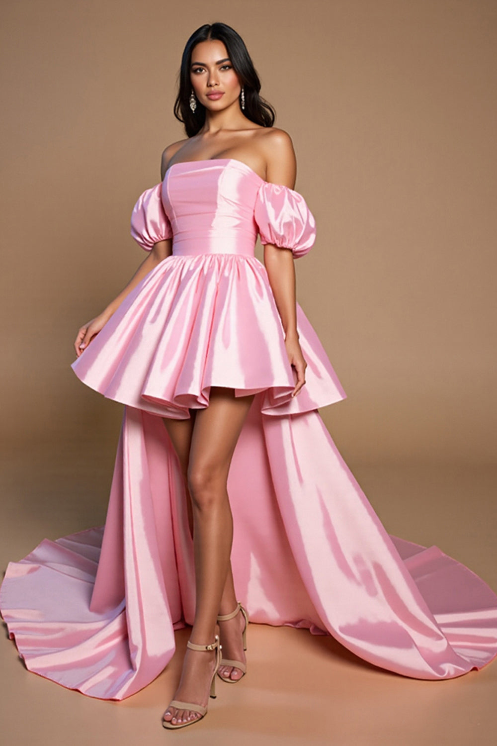 Pink A Line Off the Shoulder Short Satin Prom Dress with Bow