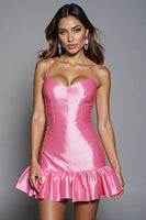 Load image into Gallery viewer, Hot Pink Tight Bodycon Satin Ruffled Short Prom Dress
