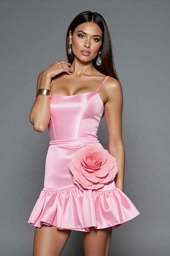 Pink Tight Bodycon Short Satin Prom Dress with 3D Flowers