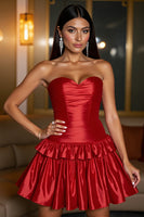 Load image into Gallery viewer, Red A Line Strapless Short Satin Prom Dress with Ruffles