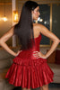 Load image into Gallery viewer, Red A Line Strapless Short Satin Prom Dress with Ruffles