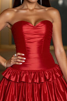 Load image into Gallery viewer, Red A Line Strapless Short Satin Prom Dress with Ruffles