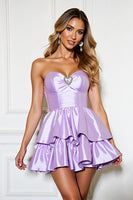 Load image into Gallery viewer, Lilac A Line Strapless Tiered Short Satin Prom Dress