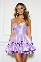 Load image into Gallery viewer, Lilac A Line Strapless Tiered Short Satin Prom Dress