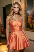Load image into Gallery viewer, Orange Satin A Line Strapless Short Prom Dress