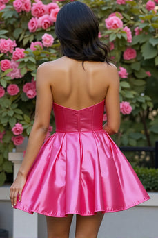 Sparkly Corset Fuchsia Satin A Line Short Prom Dress with Beading